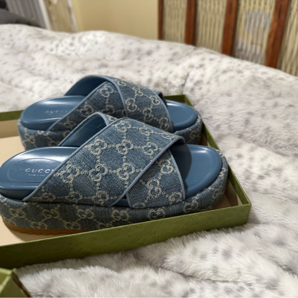 Gucci Shoes - Gucci Denim Blue Platform Slides